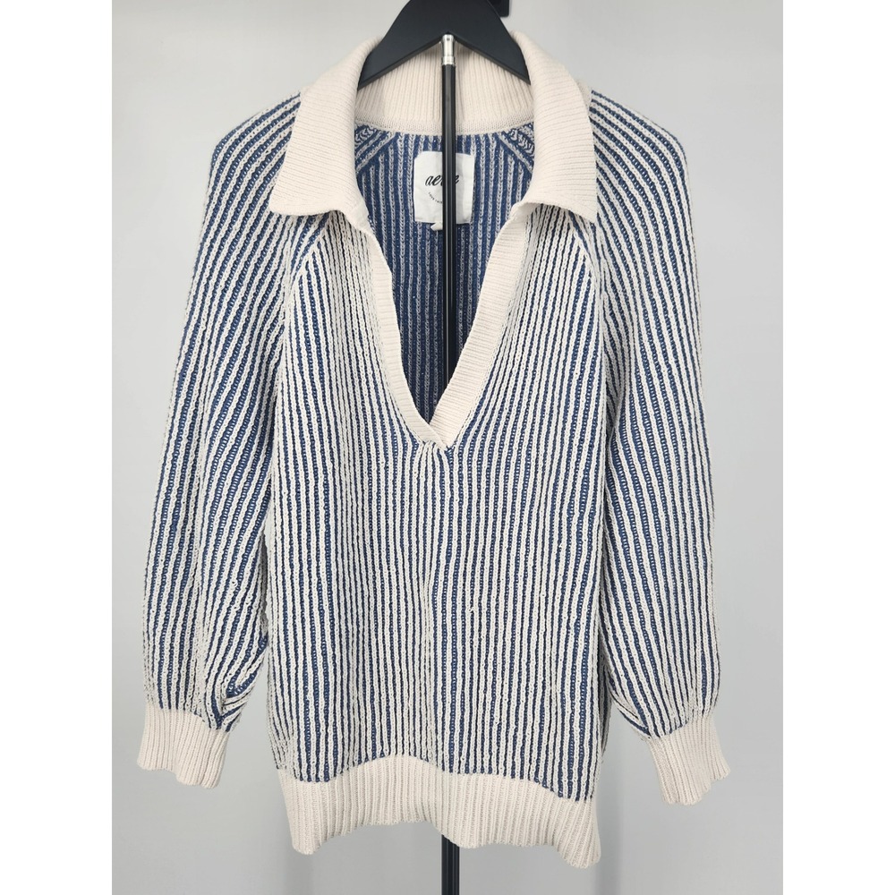Aerie Striped Knit Polo Sweater Blue White Deep V-Neck Oversized Large